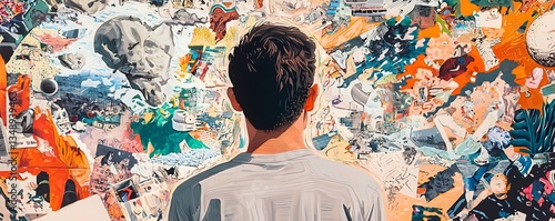 Composite collage a young man's chaotic brainstorming session, blending art, comics, and surreal elements for a unique visual story.