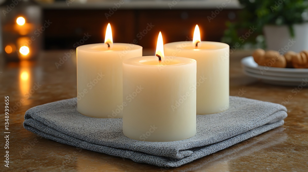 Three burning candles on a towel. Three burning candles on a towel.
