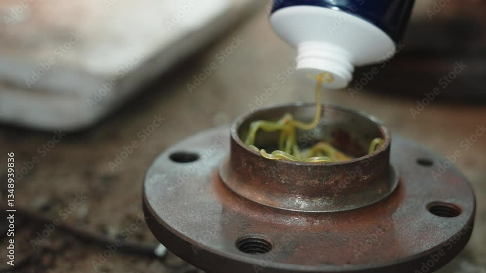 Skilled mechanic applying yellow lubricant to worn wheel hub during meticulous vehicle servicing in modern automotive repair facility Skilled mechanic applying yellow lubricant to worn wheel hub during meticulous vehicle servicing in modern automotive repair facility