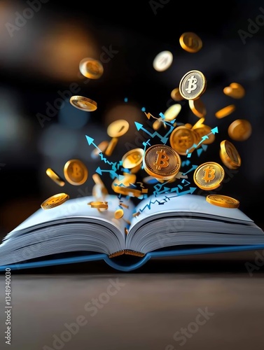 An open book with flying coins representing cryptocurrency and financial growth, symbolizing knowledge and investment.