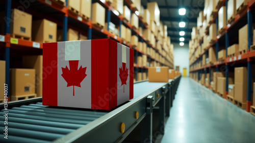 Canada parcel on a conveyor in a modern distribution center. Symbolizing trade, global exports, and the efficiency of logistics