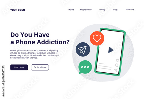 Phone addiction. Awareness, psychology, and lifestyle concepts. Vector illustration for landing page, or banner.