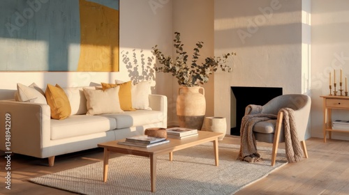 Generative AI, Scandinavian living room with warm natural light
