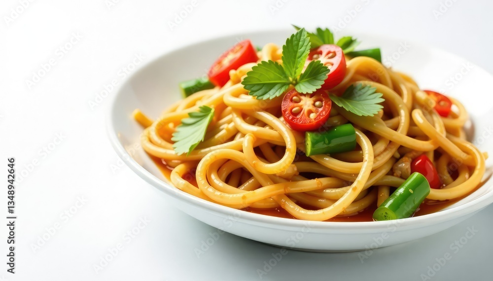 Stir-fried noodles with vegetables on white backdrop, isolated, vegetable Stir-fried noodles with vegetables on white backdrop, isolated, vegetable