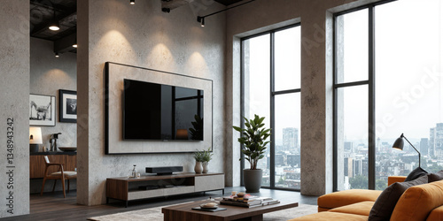 Wallpaper Mural Chic Urban Loft A contemporary urban loft featuring a wall-mounted TV as the focal point above a sleek modern TV Torontodigital.ca