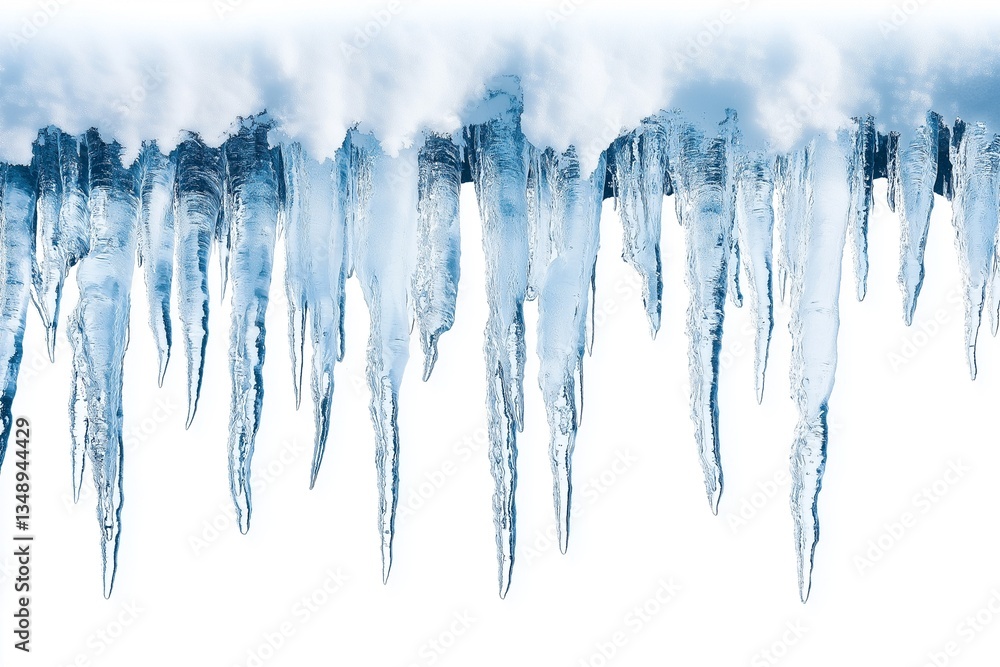 Fototapeta premium row of icicles hanging with sharp tips isolated on white background