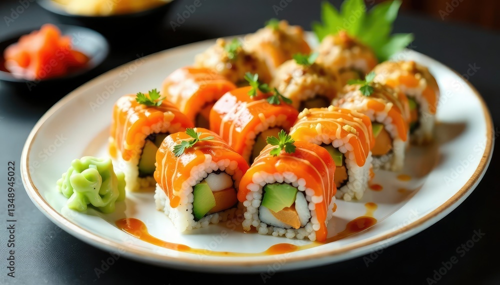 Variety of sushi rolls on white plate, soy sauce, wasabi, eating, soy sauce Variety of sushi rolls on white plate, soy sauce, wasabi, eating, soy sauce