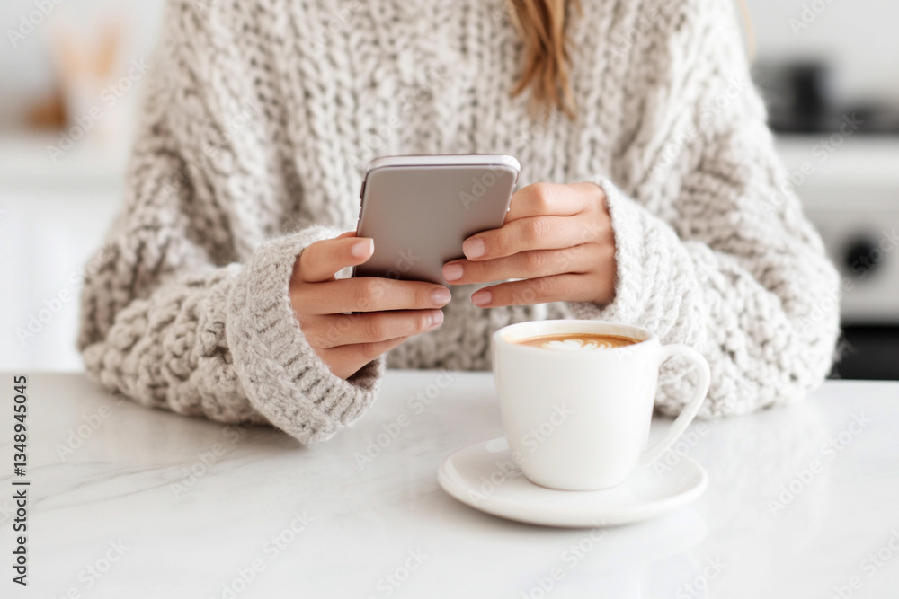 Person enjoying coffee while scrolling on a smartphone at a cozy cafe during the morning hours Person enjoying coffee while scrolling on a smartphone at a cozy cafe during the morning hours
