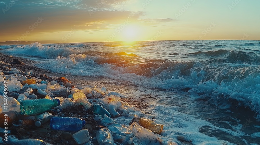 Obraz premium Ocean waves pushing plastic bottles and waste onto shore, environmental issue focus