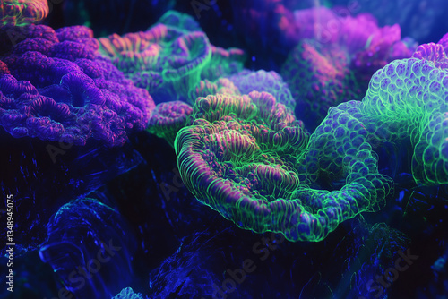 Close-up of neon coral with glowing bioluminescence. Ideal for underwater, marine, and futuristic nature concepts
