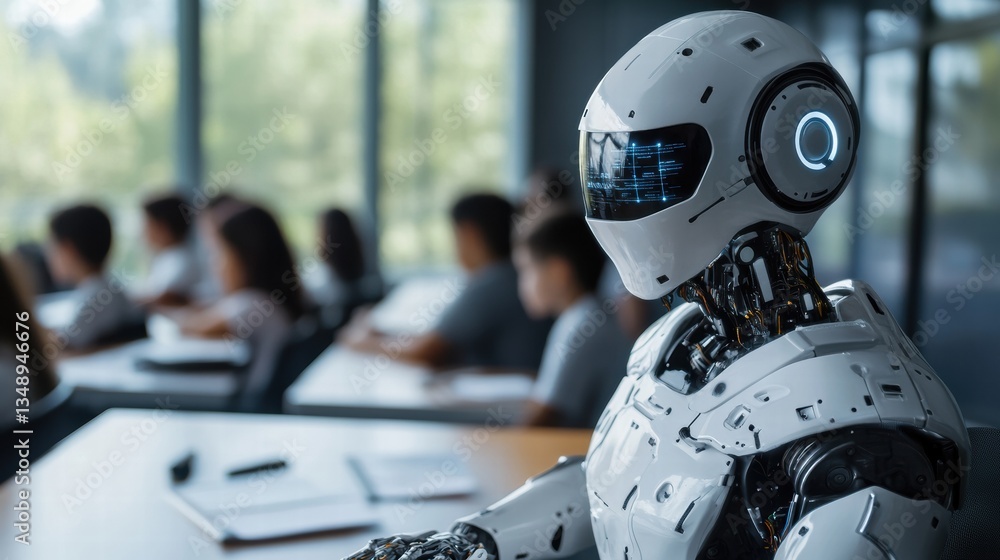 Fototapeta premium Futuristic Robot Teacher Instructing a Group of Students