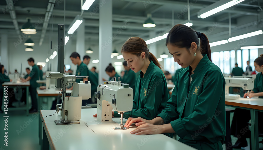female students working on sewing machines in a factory female students working on sewing machines in a factory