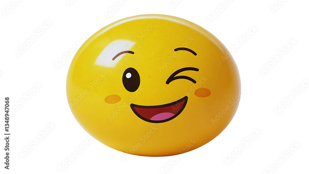 Fototapeta premium Happy Easter Egg Emoji, Winking Smiling Face, 3D Render, Yellow, Cute