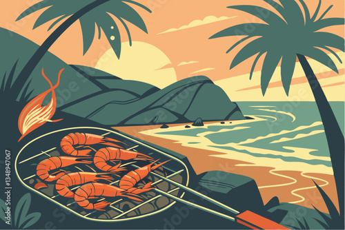 14 Beachside barbecue at sunset, grilling shrimp on hot coals, ocean view, golden hour, rocky shore, vibrant colors, fresh seafood, flames and embers, coastal scenery, gourmet outdoor cooking, dramati