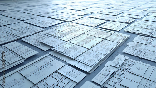 Abstract geometric pattern with metallic tiles, blue reflective surfaces, and futuristic cityscape in a sleek, high-contrast digital landscape.