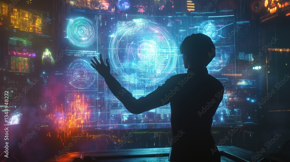 A silhouetted figure interacts with a futuristic digital interface displaying data and graphics. A silhouetted figure interacts with a futuristic digital interface displaying data and graphics.