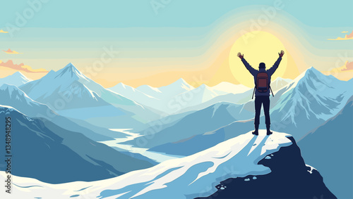 A person standing on a mountain peak with arms raised in triumph, celebrating success. The breathtaking view of snow-capped peaks and the bright sunlight symbolize adventure and achievement