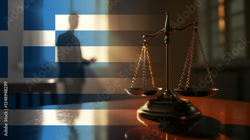 The scales of justice stand in front of the Greece flag, symbolizing law, fairness, and the legal system. A concept of democracy and equality.
