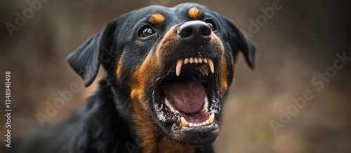 Aggressive Rottweiler growls outdoors