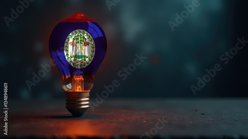 A patriotic concept: A light bulb with the Belize flag design glowing in the dark, symbolizing ingenuity, technology, and energy independence