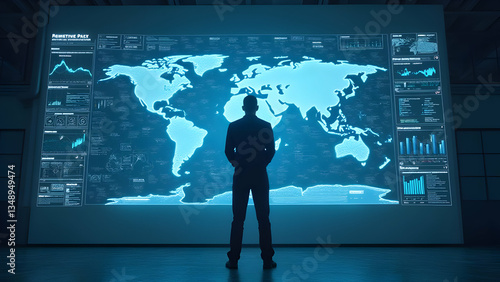 Global business with world map projection, data visualization, a silhouetted figure, and a blue digital interface representing global strategy and big data analytics.