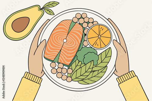 15 Balanced meal plate, vibrant healthy ingredients, salmon fillets, avocado half, orange, chickpeas, leafy greens, hands holding plate, yellow sweater, natural light, food photography, nutritious spr
