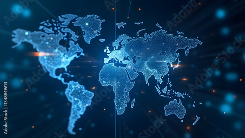 World map with digital technology, blue glowing dots, and interconnected continents representing global network, cyber security, digital transformation, and global communication.