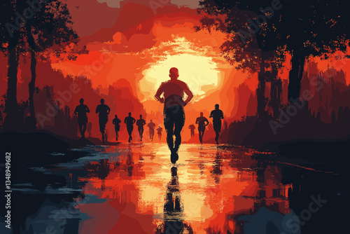 A group of runners in silhouette racing at sunset. The vibrant sky and reflective road enhance the dramatic energy of the scene, evoking determination, speed, and athleticism