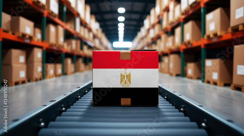 A package wrapped in the Egypt flag moves on a conveyor belt inside a warehouse. Symbolizing logistics, global trade, and the efficiency of supply chains.