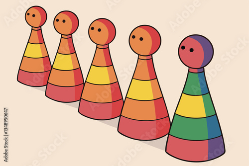 16 Colorful wooden peg dolls, diverse figurines, simplified human shapes, rainbow colors, minimalist design, lined up in a row, featureless faces, cone-shaped bodies, artistic representation of divers