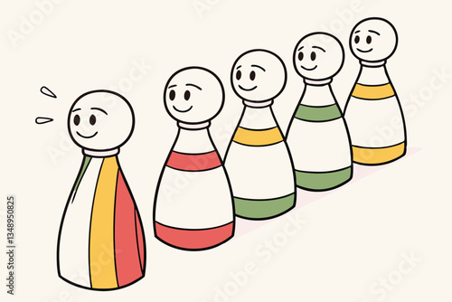 16 Colorful wooden peg dolls, diverse figurines, simplified human shapes, rainbow colors, minimalist design, lined up in a row, featureless faces, cone-shaped bodies, artistic representation of divers