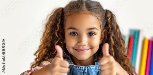 Cute cheerful smiling Black girl with pony tails holding her hands with thumbs up. School library background with books.