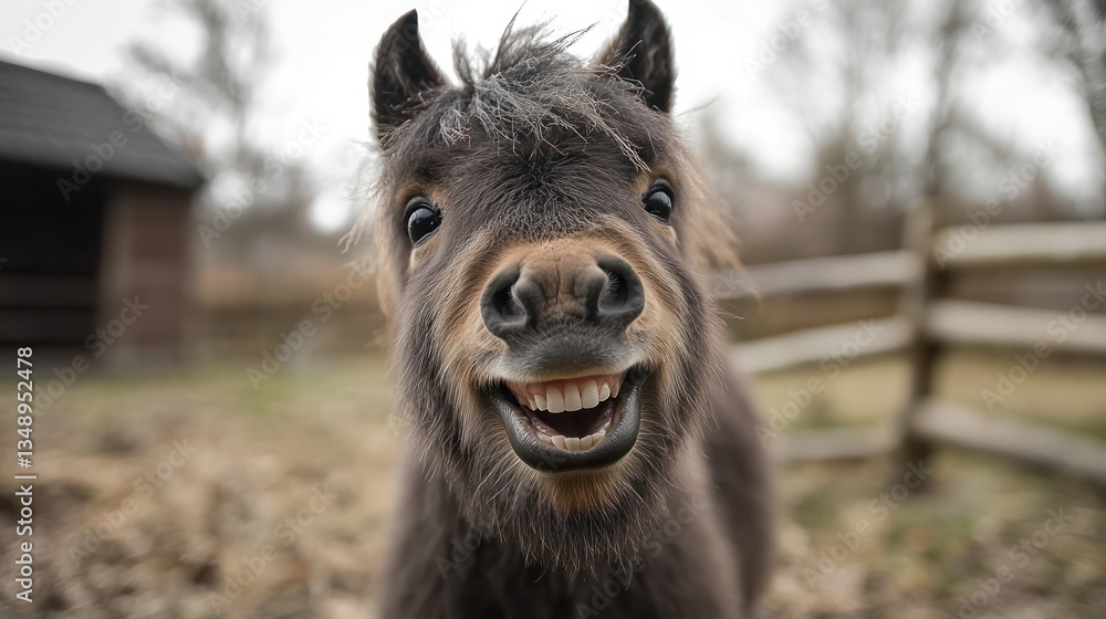 Fototapeta premium Happy pony smiles, farm background, pet portrait
