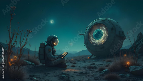Surreal night scene, person sitting on ground, glowing magical portal, barren landscape, dead trees, mystical atmosphere, starry sky, full moon, floating orb, digital art, fantasy illustration, ethere