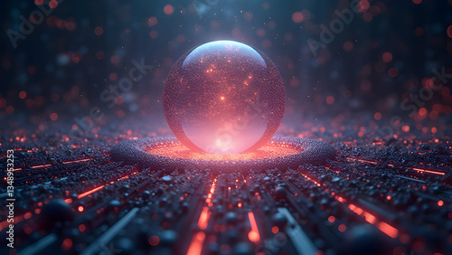 Futuristic cityscape, glowing red grid, transparent sphere, cyberpunk, neon lights, digital landscape, reflective surface, sci-fi atmosphere, holographic dome, dark background, glowing particles, high