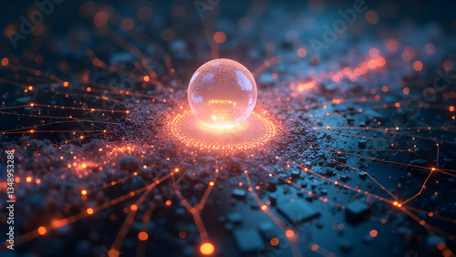 Glowing crystal sphere, futuristic digital landscape, neon orange energy bursts, intricate network connections, dark background, technological abstraction, glowing particles, sci-fi atmosphere, data 