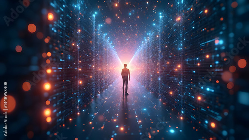 cosmic portal, silhouette figure, starry nebula, glowing particles, ethereal light, sci-fi landscape, space exploration, digital art, vibrant colors, lens flare, mystical atmosphere, futuristic corrid