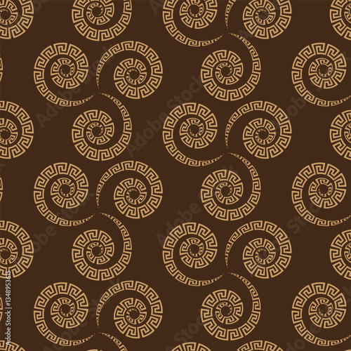 Seamless pattern in ancient Greek style three spirals in brown colors dark background