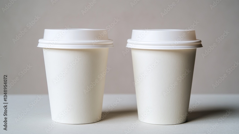Two white disposable coffee cups on neutral background. Two white disposable coffee cups on neutral background.