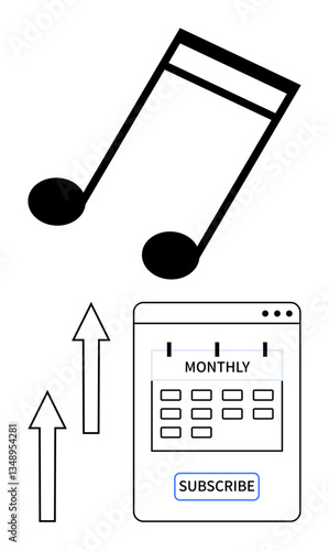 Musical note above calendar and subscribe button with upward arrows, representing trends in subscription growth. Ideal for music subscription, streaming platforms, revenue growth, data tracking