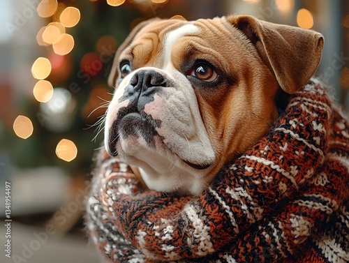 Festive Bulldog Posing by the Christmas Tree