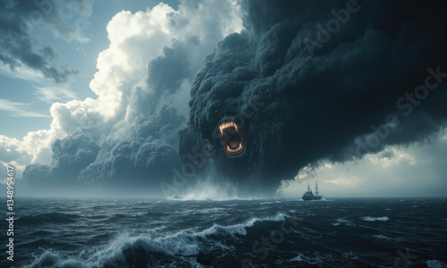 A monstrous face forms in the clouds, its mouth open in a deafening scream as it unleashes chaotic winds that photo