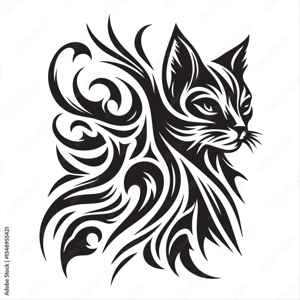 Naklejka premium Tribal Cat Tattoo Design – Elegant Feline Artwork
