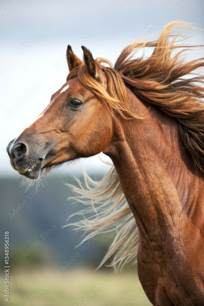 Obraz premium Portrait of a bay horse with a flowing mane in profile against the background of nature. The personification of Spirit and freedom