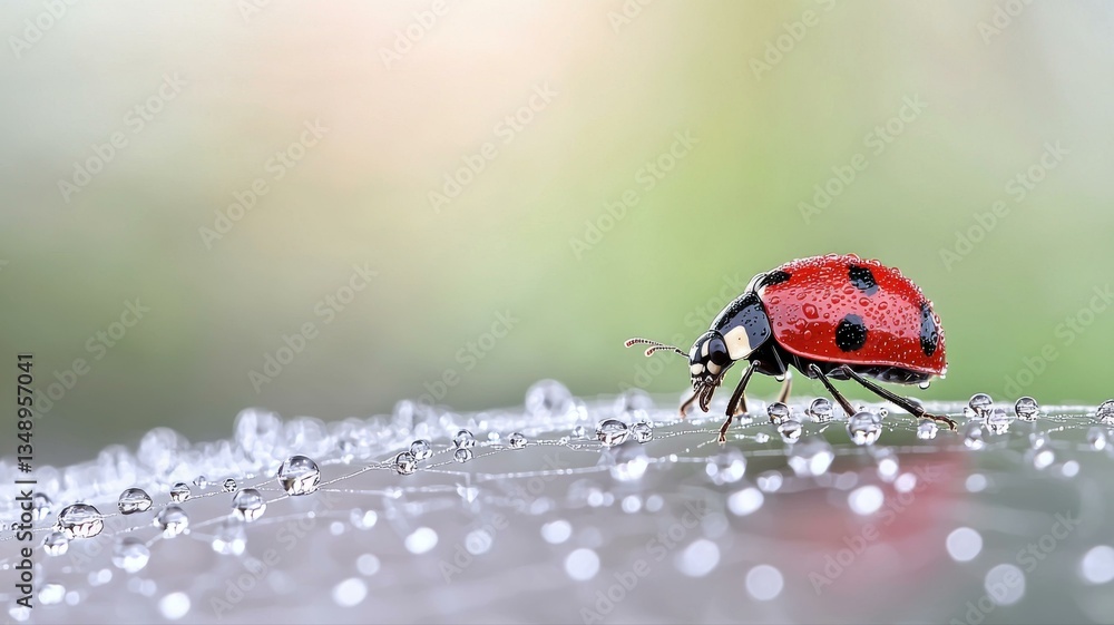 Obraz premium Close-up of a ladybug with a vibrant red shell and black dots, walking on a dew-covered surface in natural light.
