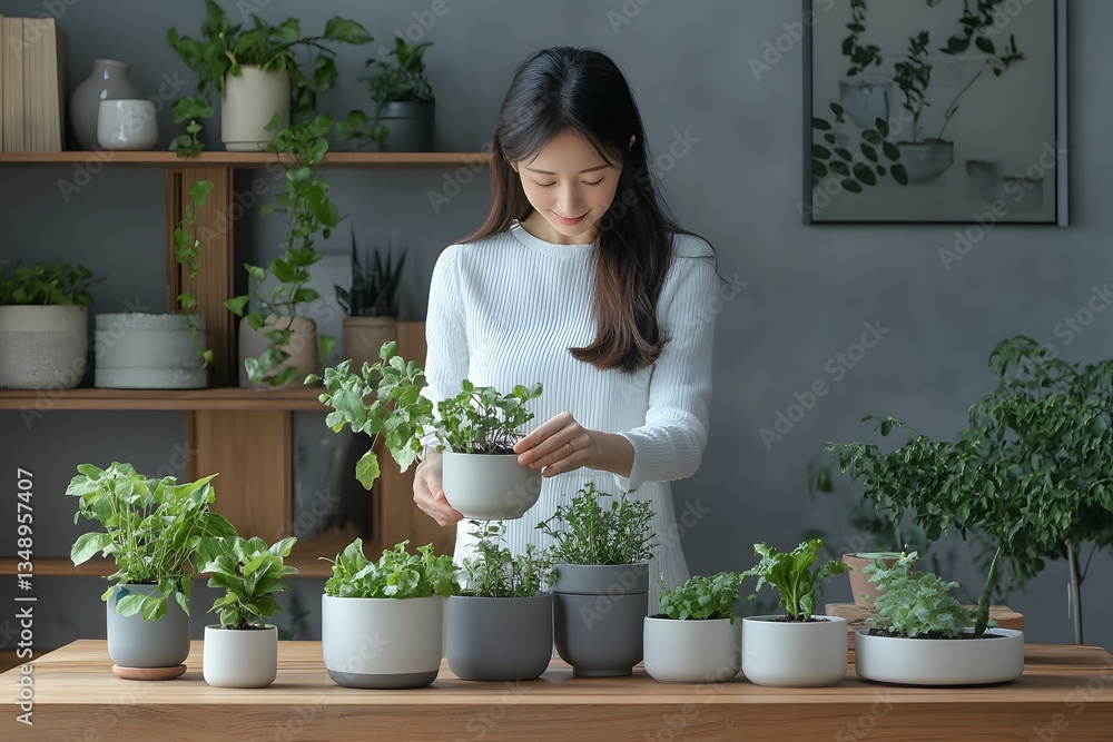 a female gardener who transplants plants into ceramic pots , Generative AI a female gardener who transplants plants into ceramic pots , Generative AI