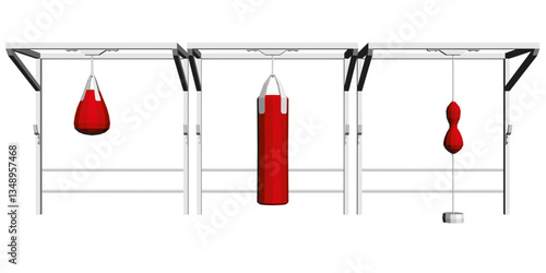 A white background with three red boxing bags hanging from a rack. The bags are of different sizes and colors