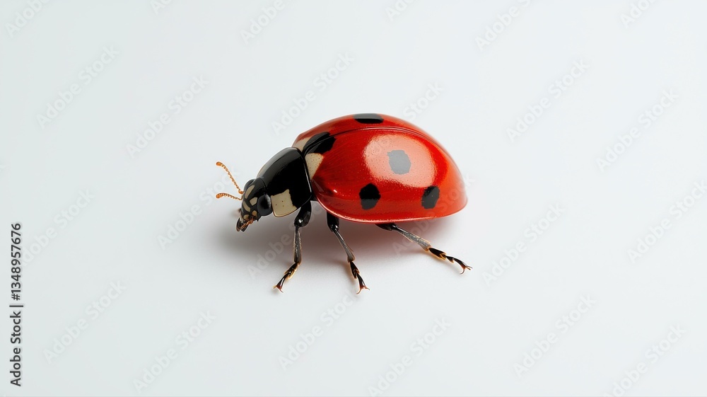 Close-up of a vibrant ladybug with red and black spots against a white background, showcasing nature's intricate details. Close-up of a vibrant ladybug with red and black spots against a white background, showcasing nature's intricate details.