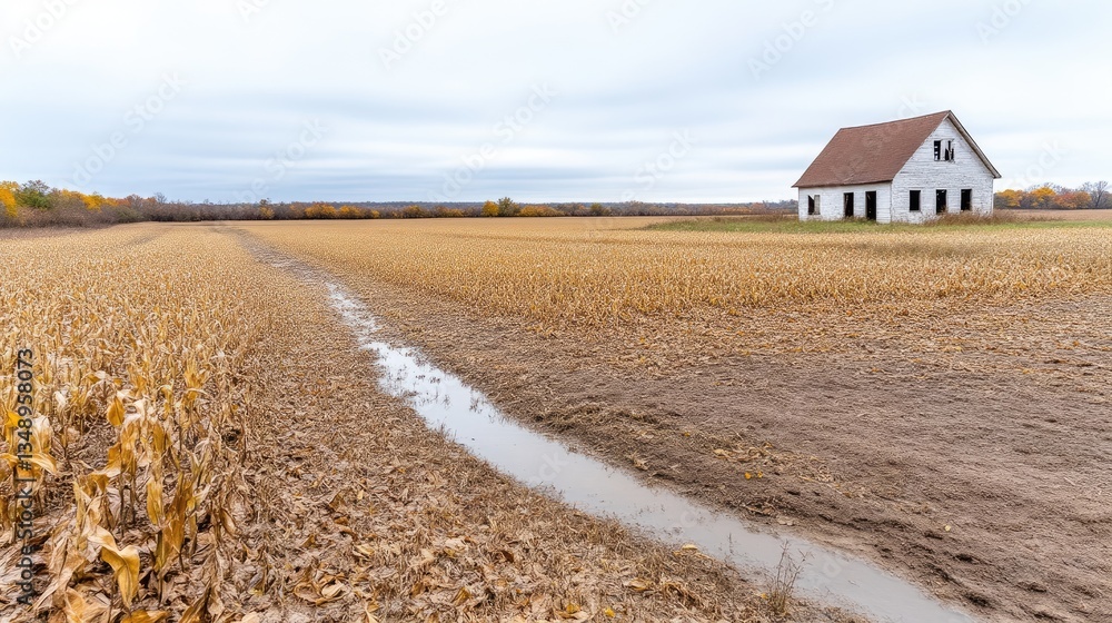 Abandoned farmhouse in a harvested cornfield. A weathered white farmhouse stands solitary amidst a vast expanse of dried, golden corn stalks, with a muddy ditch running through the field. Abandoned farmhouse in a harvested cornfield. A weathered white farmhouse stands solitary amidst a vast expanse of dried, golden corn stalks, with a muddy ditch running through the field.