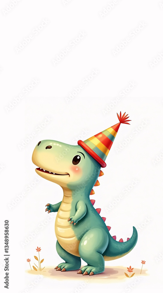 Fototapeta premium Lively and expressive cartoon Parasaurolophus with a charming watercolor texture, happily posing with a cheerful party hat